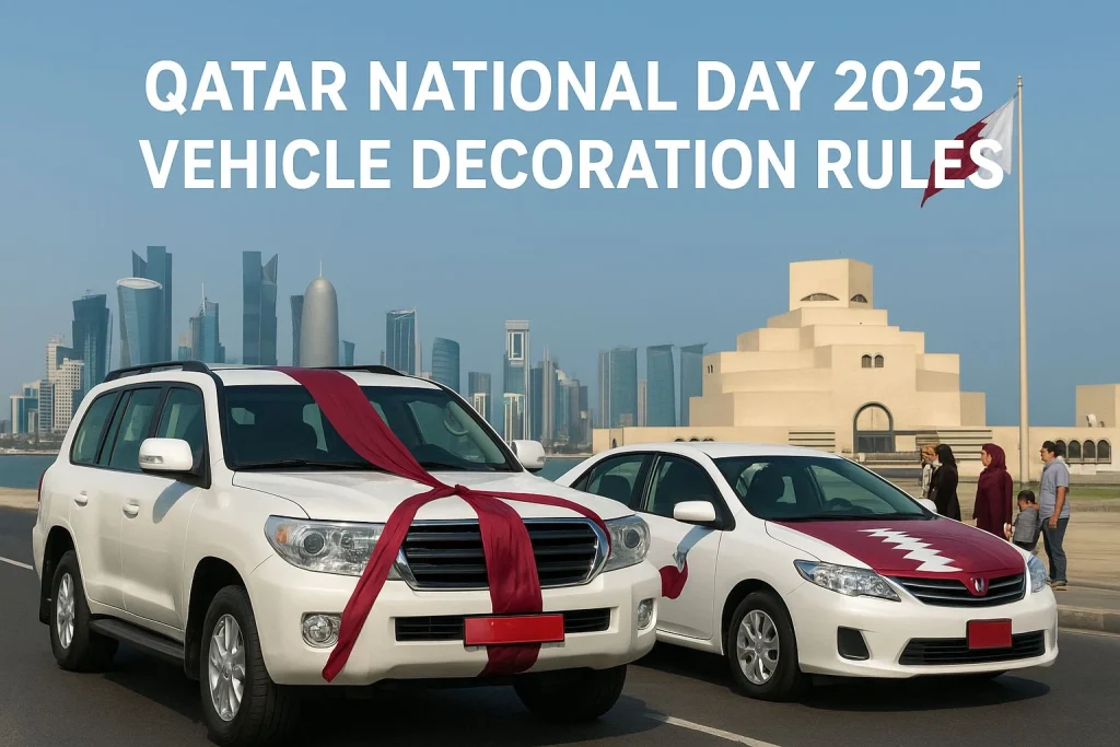 Decorated vehicles in Doha during Qatar National Day celebrations following MoI rules